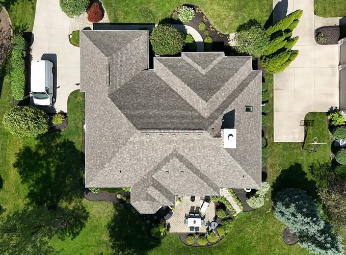 view of a residential roof from above